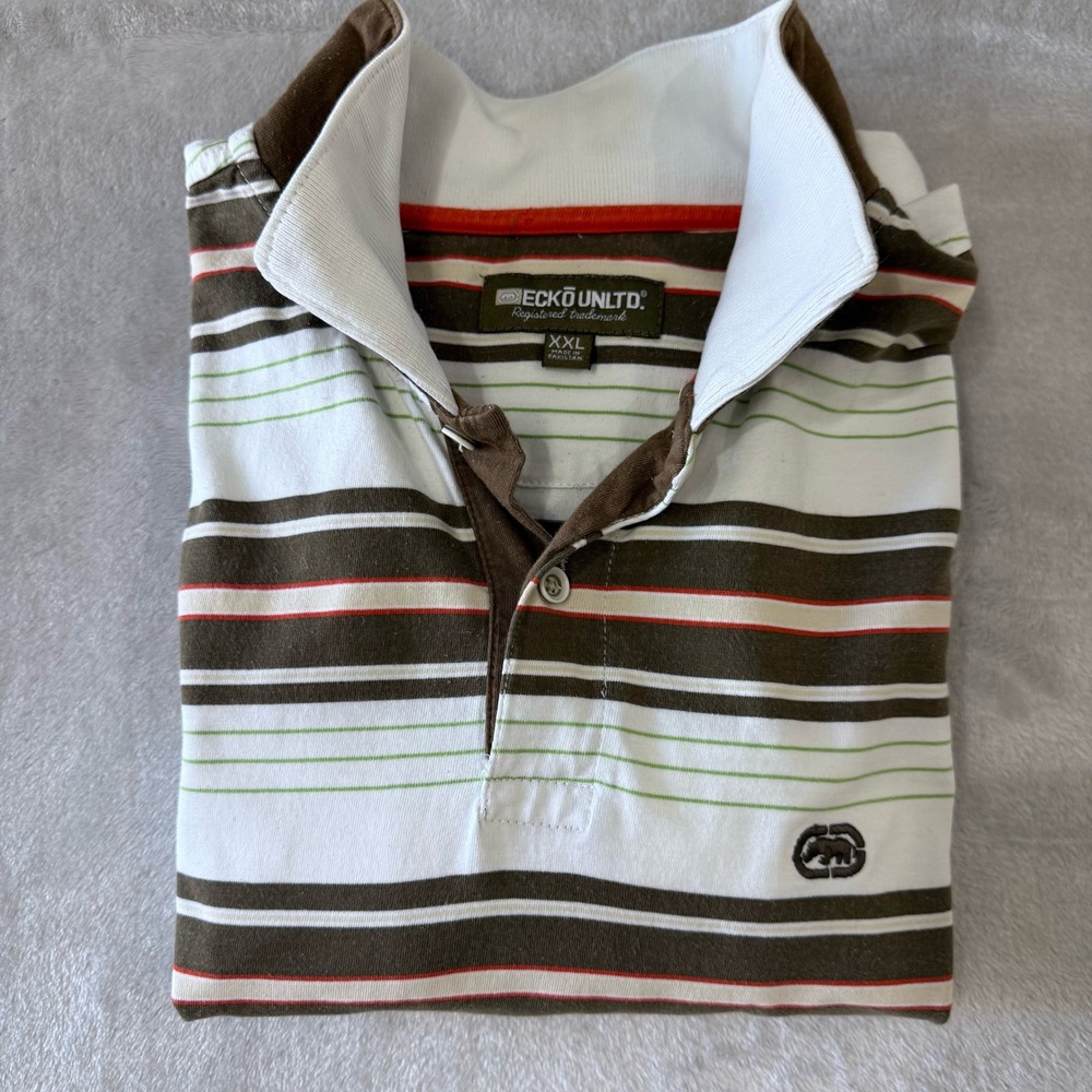 Ecko Unltd Mens XXL Striped Polo Shirt Short Sleeve Brown White‎ Green Red